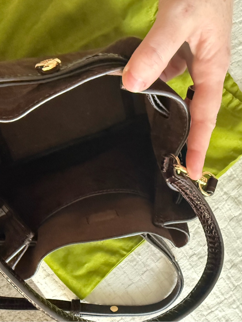 Tory Burch Romy Bucket Bag in Chocolate Suede